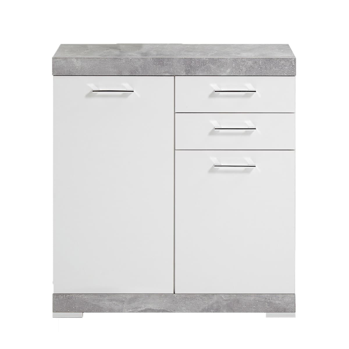 Buffet avec 2 Portes et 2 Tiroirs L80cm - Bristol - Couleur : Blanc / Gris - Panneaux de particules - Calicosy