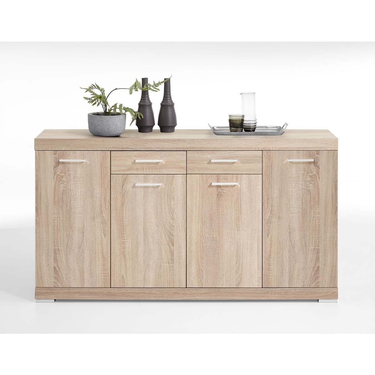 Buffet 2 Tiroirs 4 Portes L160 x P34,9 cm - Bristol - Couleur : Chêne clair - Panneaux de particules - Calicosy