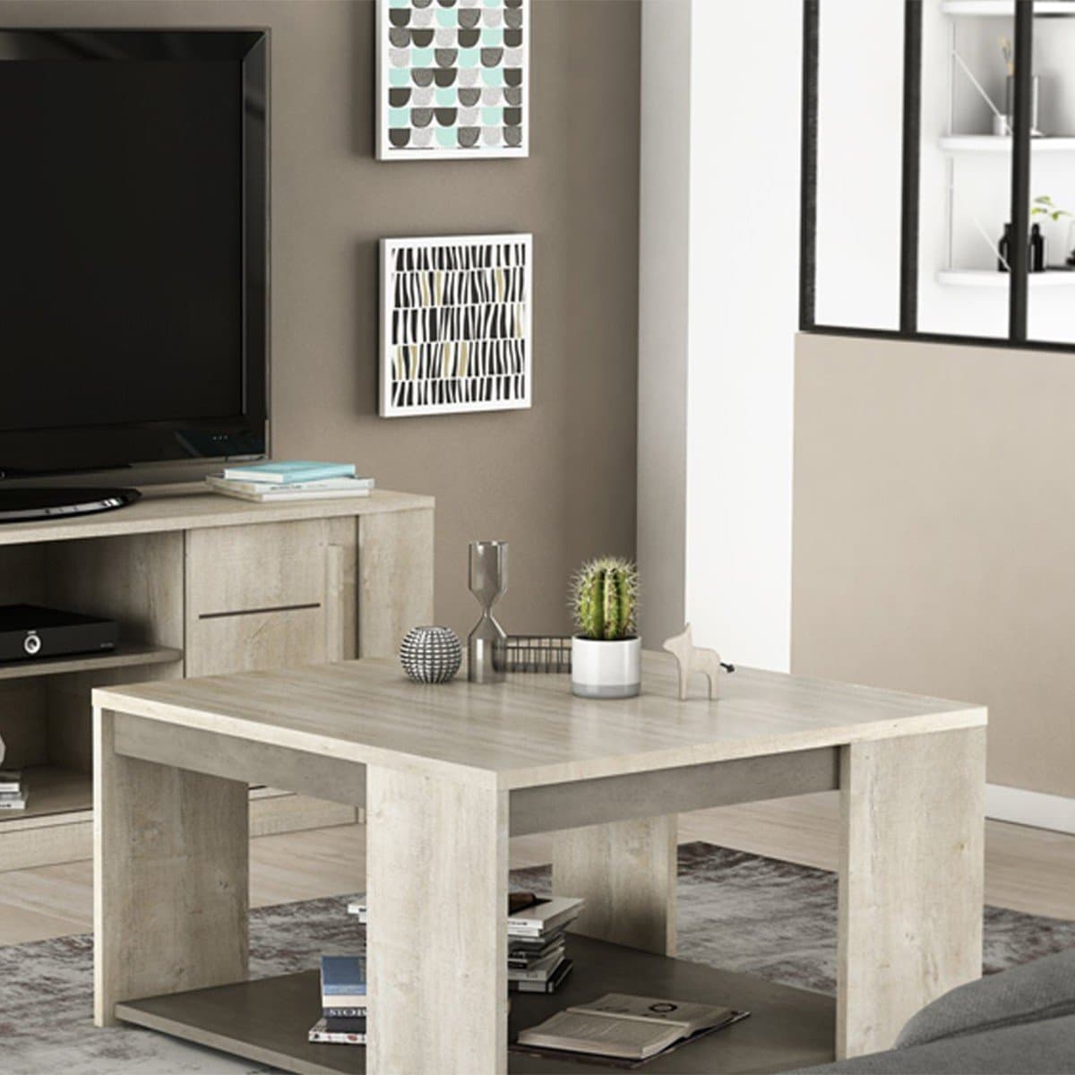 Table Basse Carrée L80 cm - Décor chêne et béton - Antibes - Calicosy