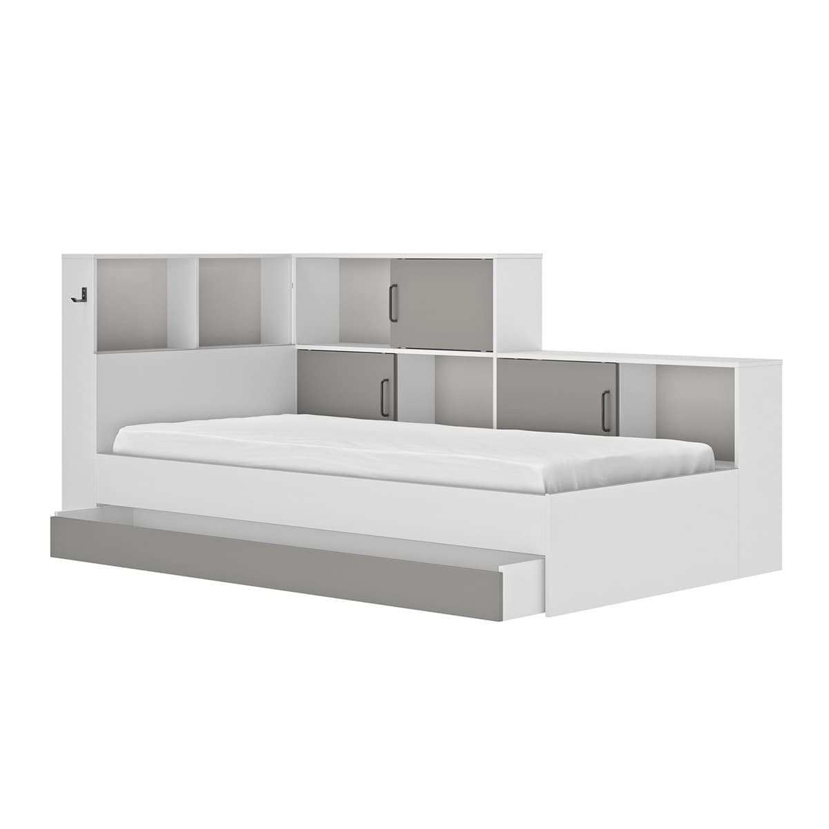 Lit avec Rangements 90x200 cm - Erwan - Couleur : Blanc / Gris - Panneaux de particules - Calicosy