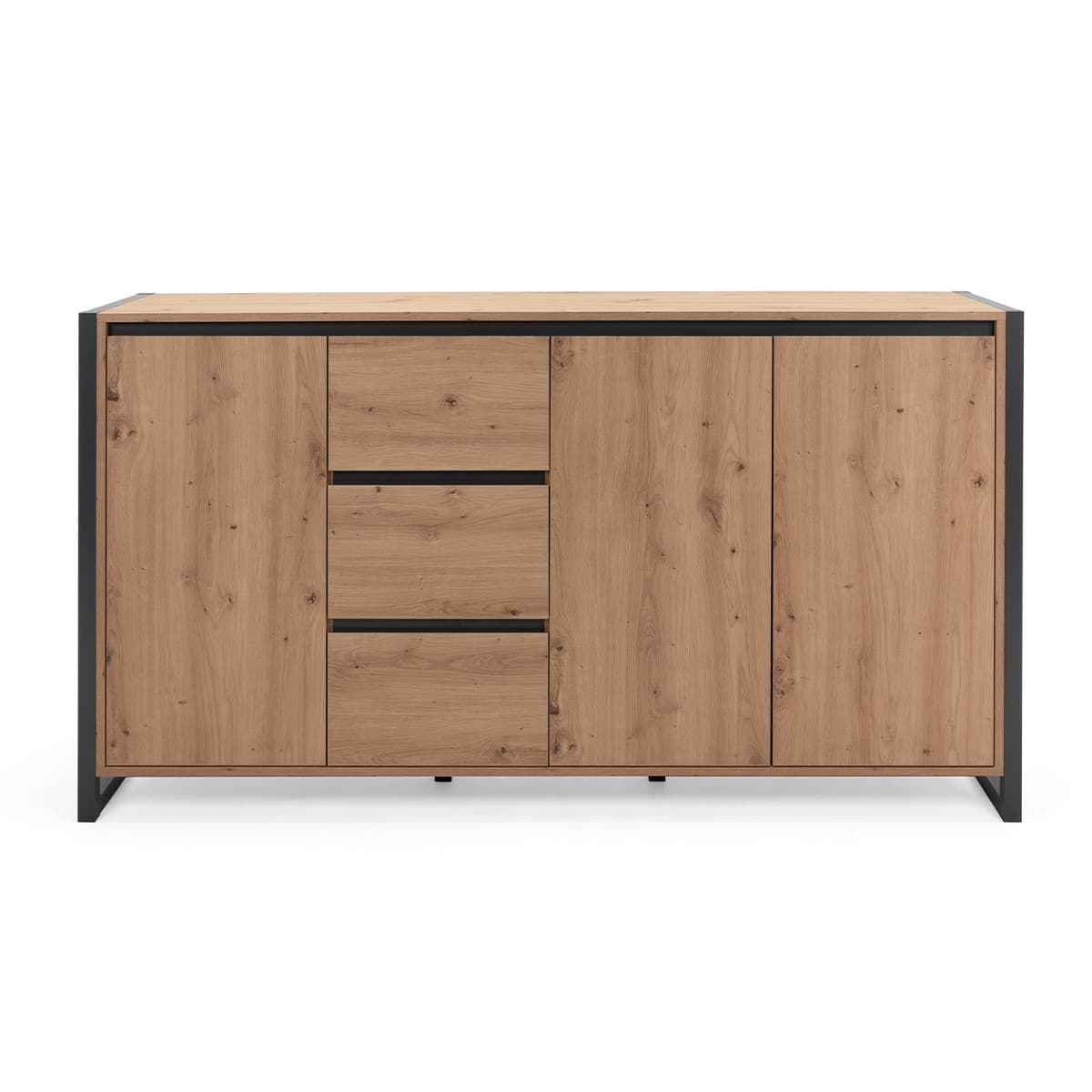 Buffet Bas 3 portes 3 tiroirs L160 cm - DENVER - Couleur : Chêne artisan / gris - Panneaux de particules - Calicosy