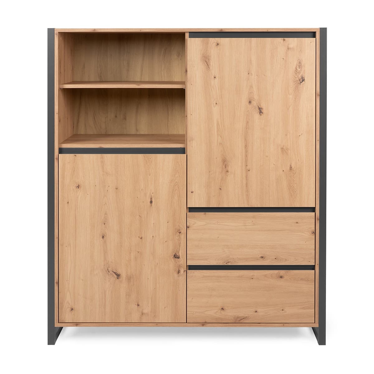 Buffet haut 2 portes 2 tiroirs L120 cm - DENVER - Couleur : Chêne artisan / gris - Panneaux de particules - Calicosy