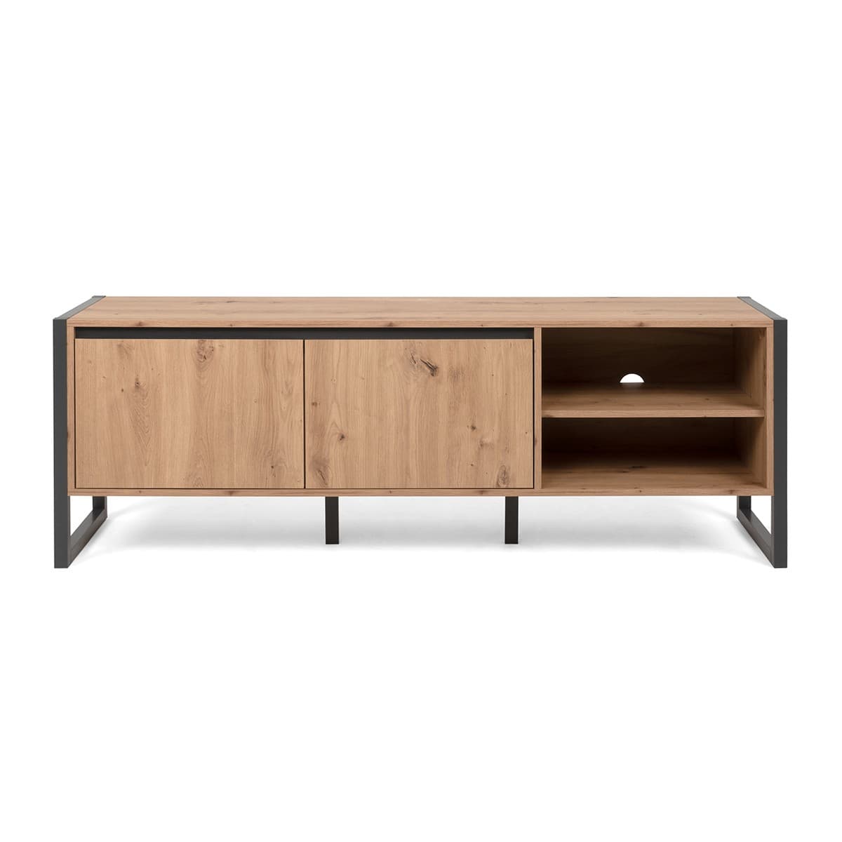 Meuble TV 2 portes et 2 niches L160 cm - DENVER - Couleur : Chêne artisan / gris - Panneaux de particules - Calicosy