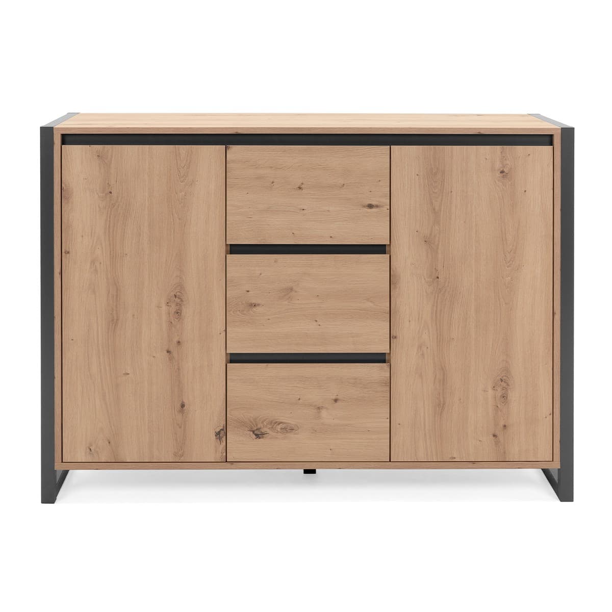 Buffet 2 portes 3 tiroirs L120 cm - DENVER - Couleur : Chêne artisan / gris - Panneaux de particules - Calicosy