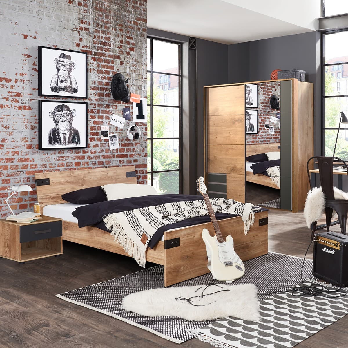 Chevet 1 tiroir décor chêne et graphite - L46 cm - Calicosy