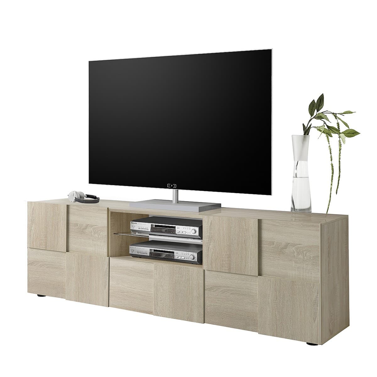 Meuble TV 2 Portes 1 Tiroir L181 cm - Dama - Couleur : Chêne clair - Panneaux de particules - Calicosy