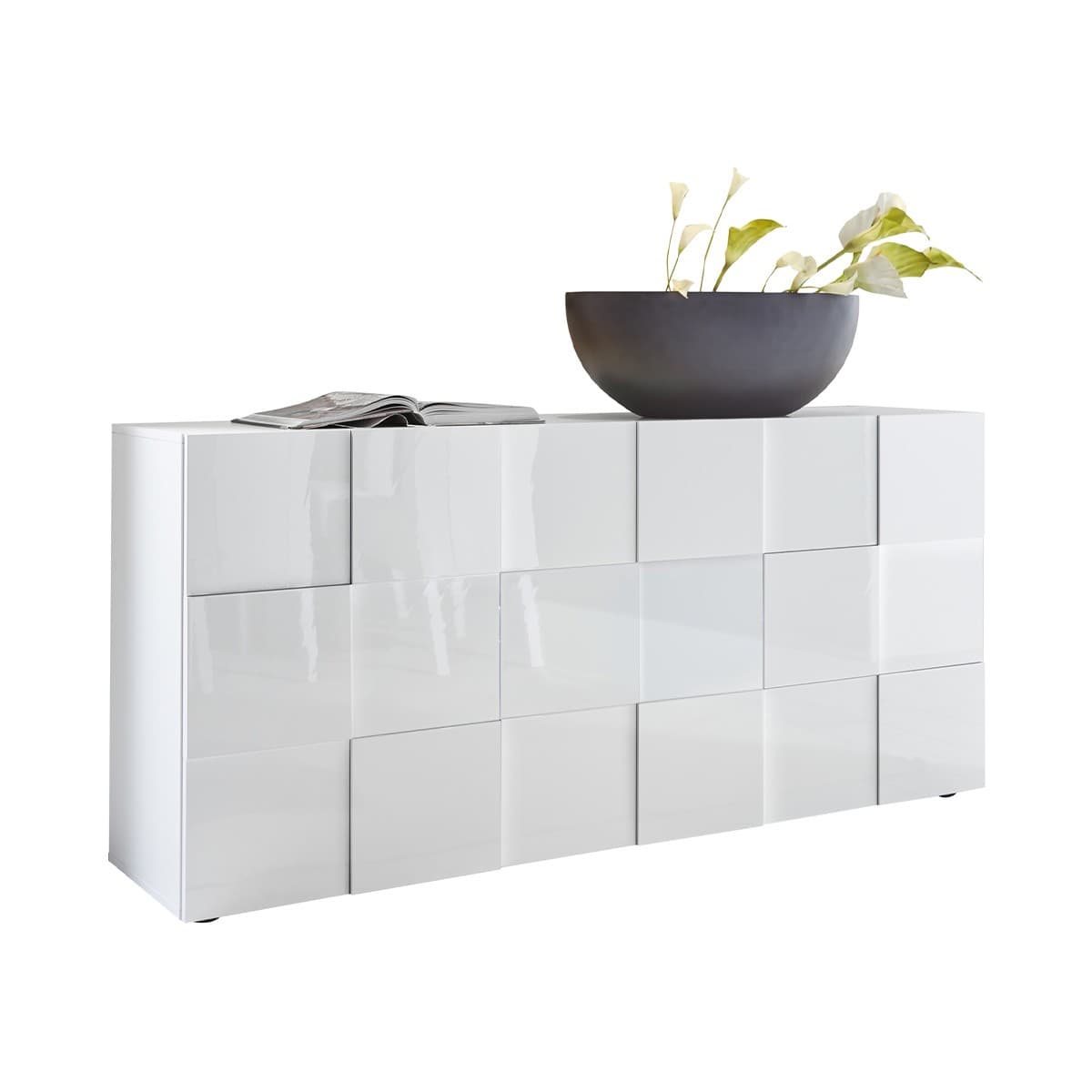 Buffet Dama 3 portes style damier - L181 cm - Couleur : Blanc - Panneaux de particules - Calicosy