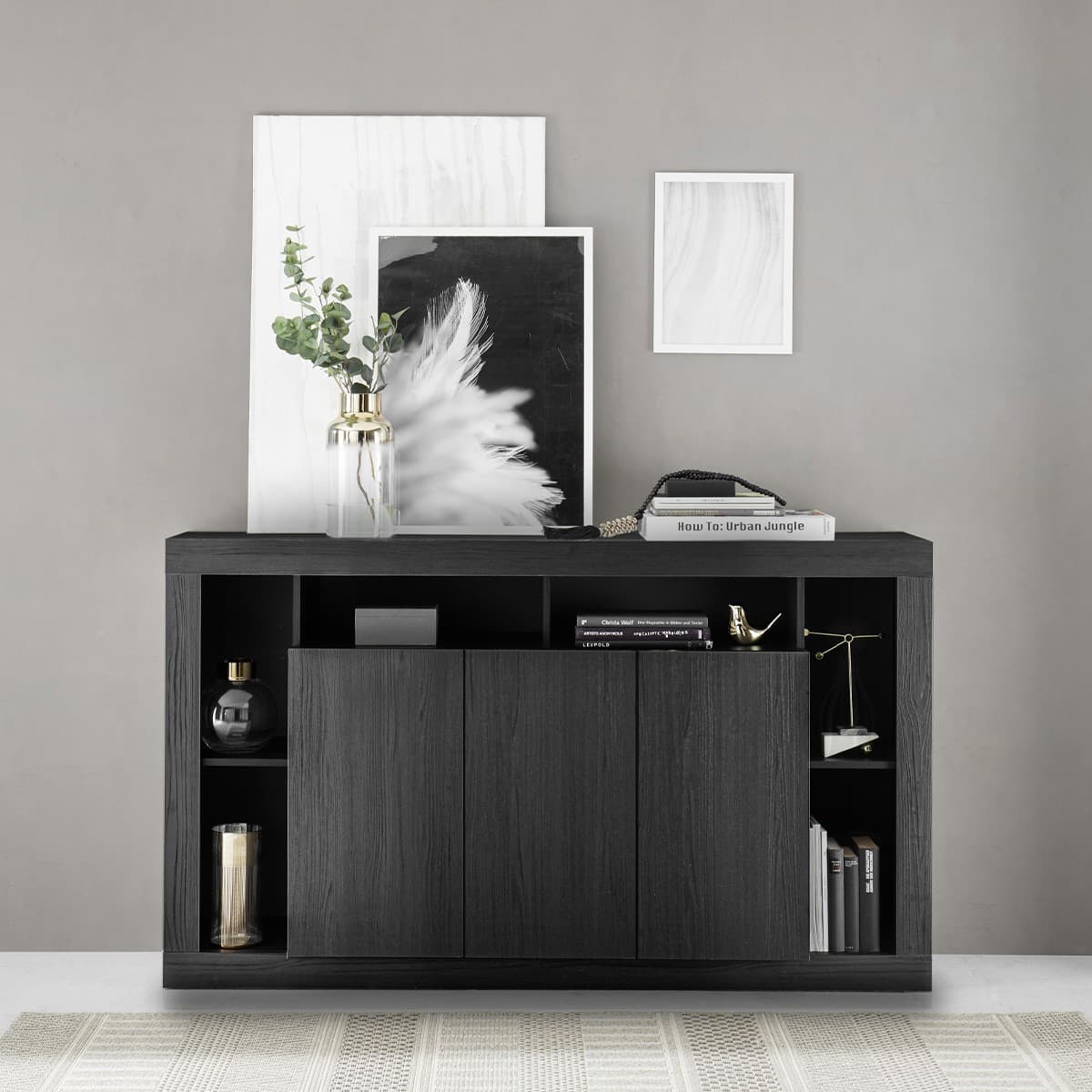 Buffet 3 portes L172 cm - Rimini - Couleur : Noir - Panneaux de particules - Calicosy