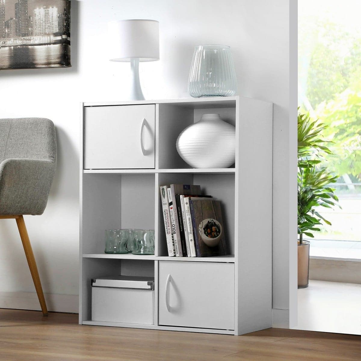 Etagère de rangement 6 cases 2 portes - Calicosy