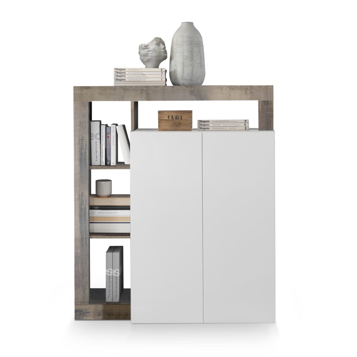 Buffet haut 2 portes Francfort - L108 cm - Couleur : Blanc/chêne - Panneaux de particules - Calicosy