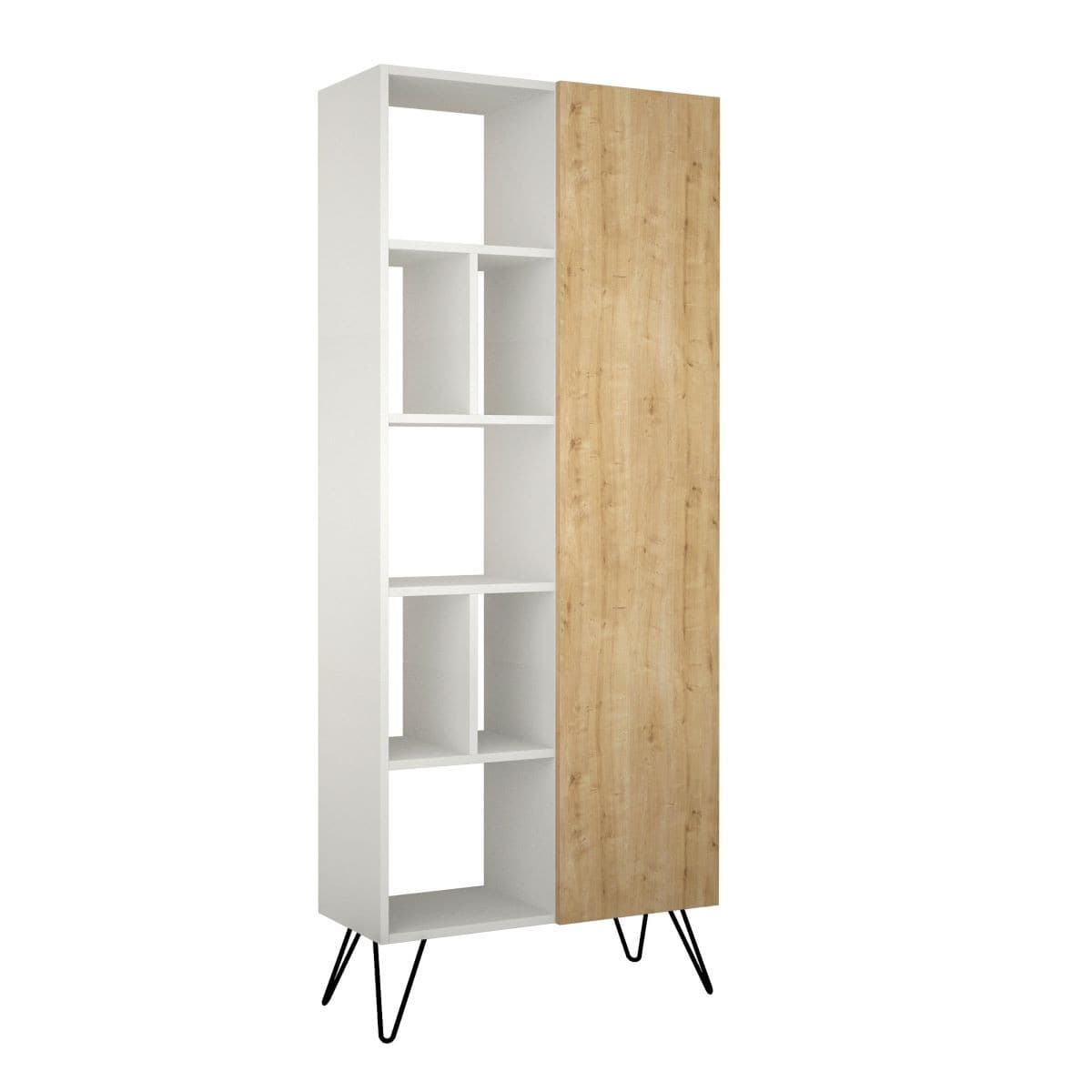 Etagère 11 tablettes et 1 porte H190 cm - Jedda - Couleur : Chêne - Panneaux de particules - Calicosy