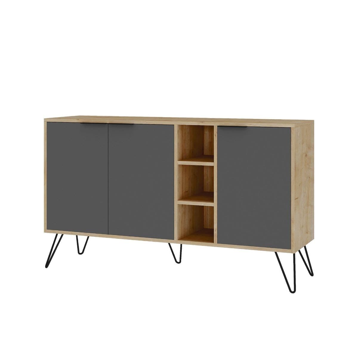 Buffet 3 niches et 3 portes L142 cm - Clara - Couleur : Gris anthracite - Panneaux de particules - Calicosy