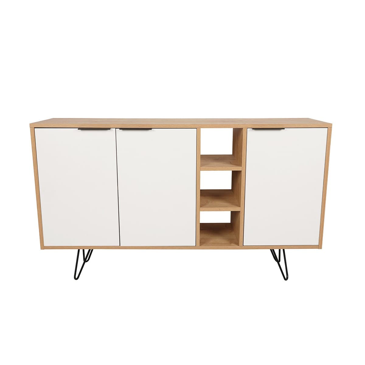 Buffet 3 niches et 3 portes L142 cm - Clara - Couleur : Blanc/chêne - Panneaux de particules - Calicosy