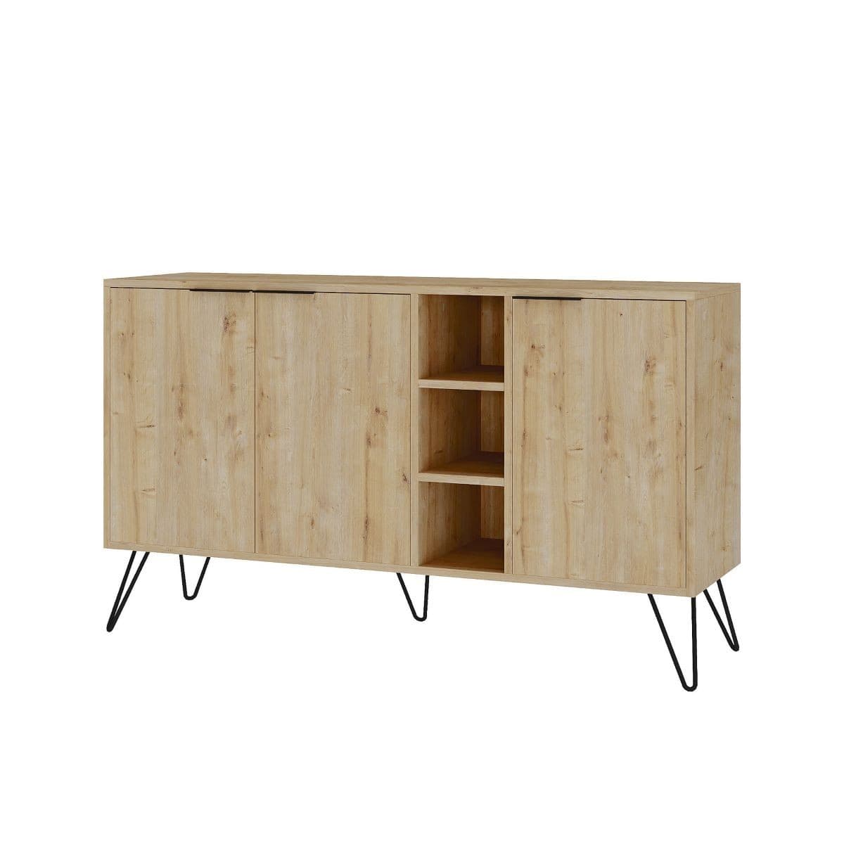 Buffet 3 niches et 3 portes L142 cm - Clara - Couleur : Chêne - Panneaux de particules - Calicosy