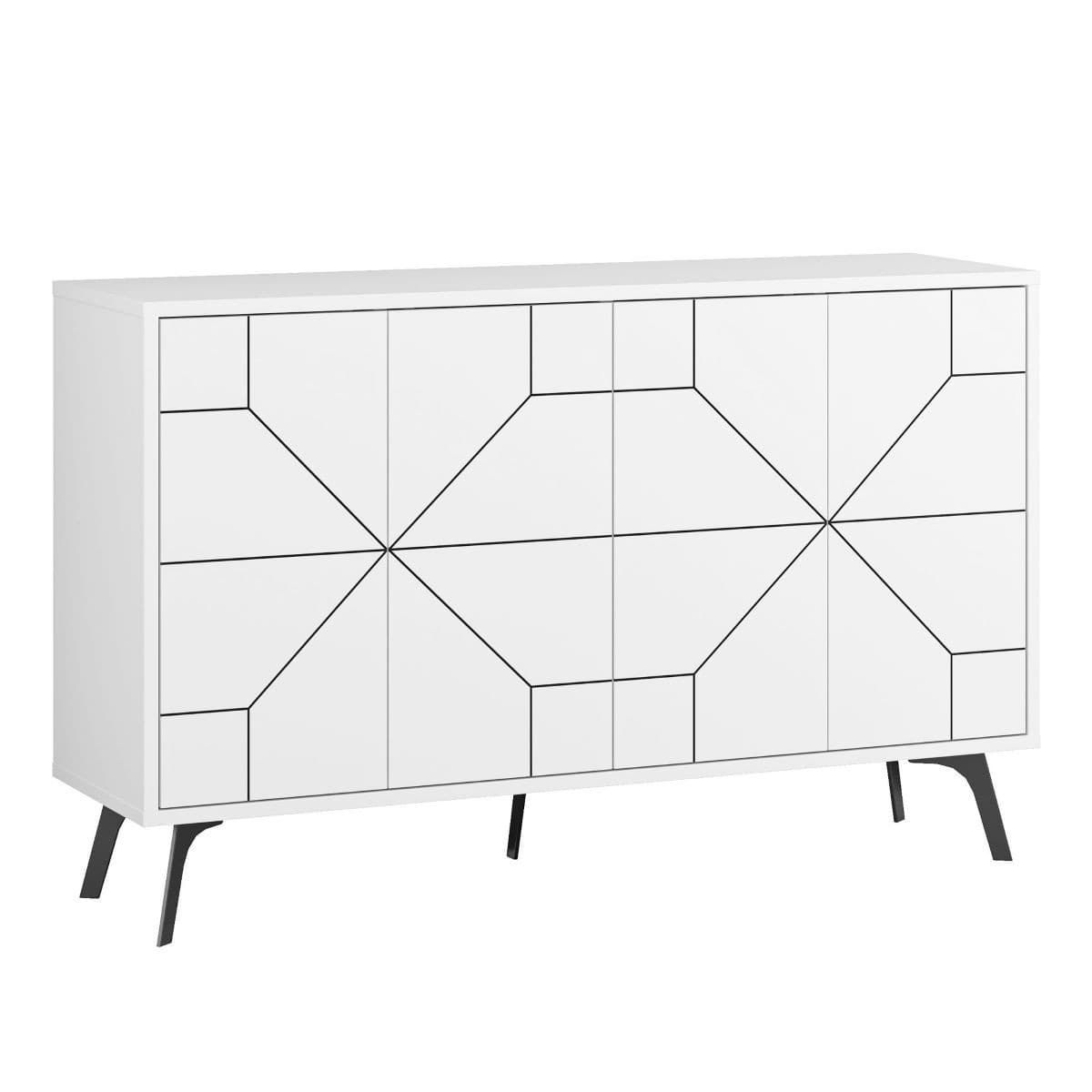 Buffet 4 portes décorées L123 cm - DUNE - Couleur : Blanc - Panneaux de particules - Calicosy