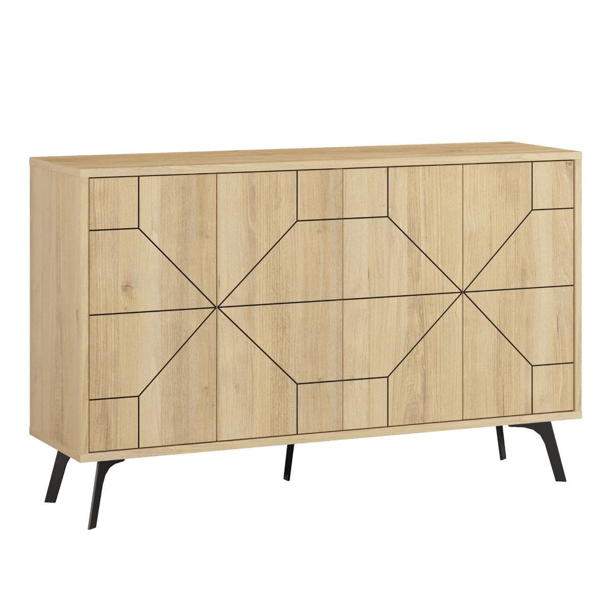 Buffet 4 portes décorées L123 cm - DUNE - Couleur : Chêne - Panneaux de particules - Calicosy