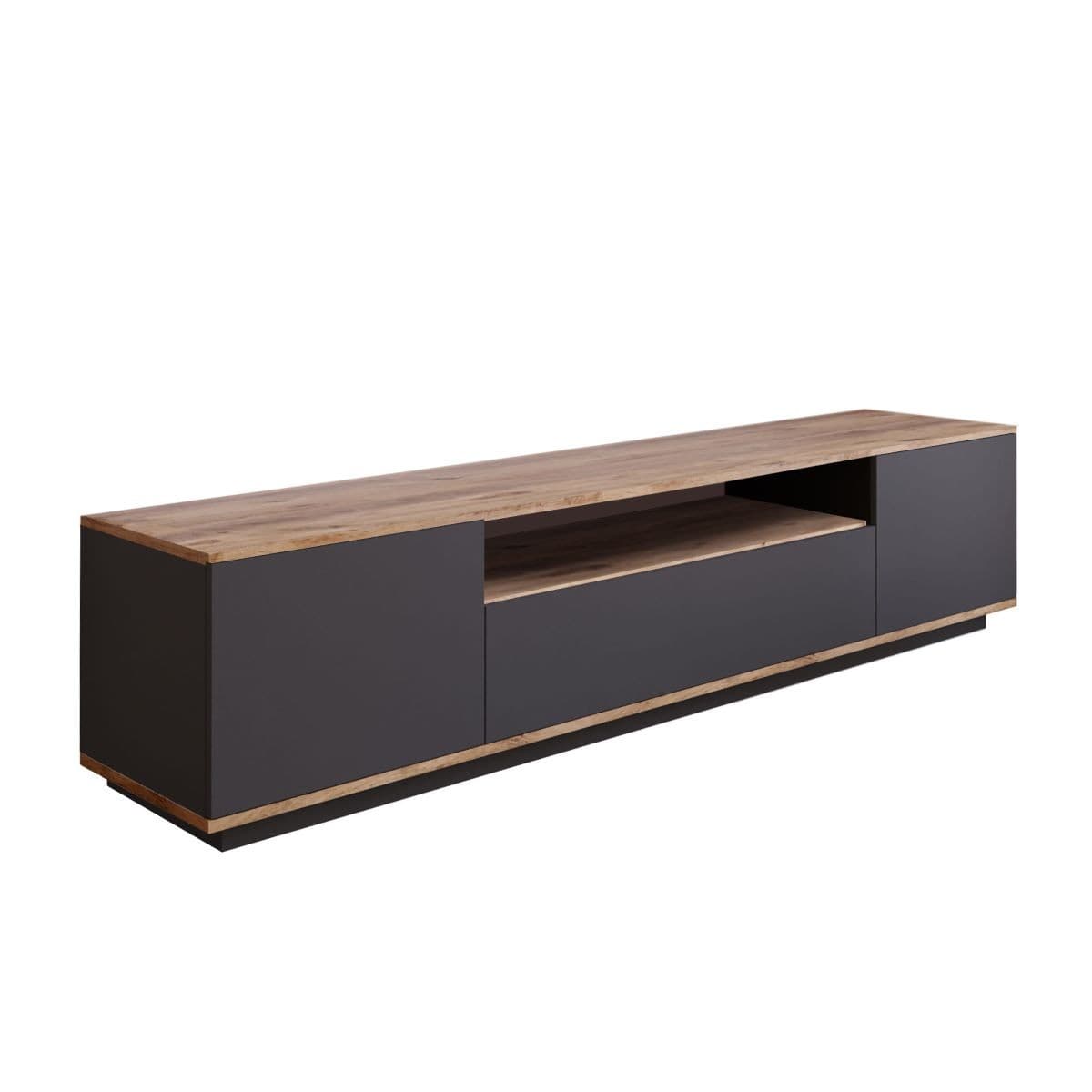 Meuble TV 3 portes - L180 cm - Couleur : Chêne artisan / gris - Panneaux de particules - Calicosy
