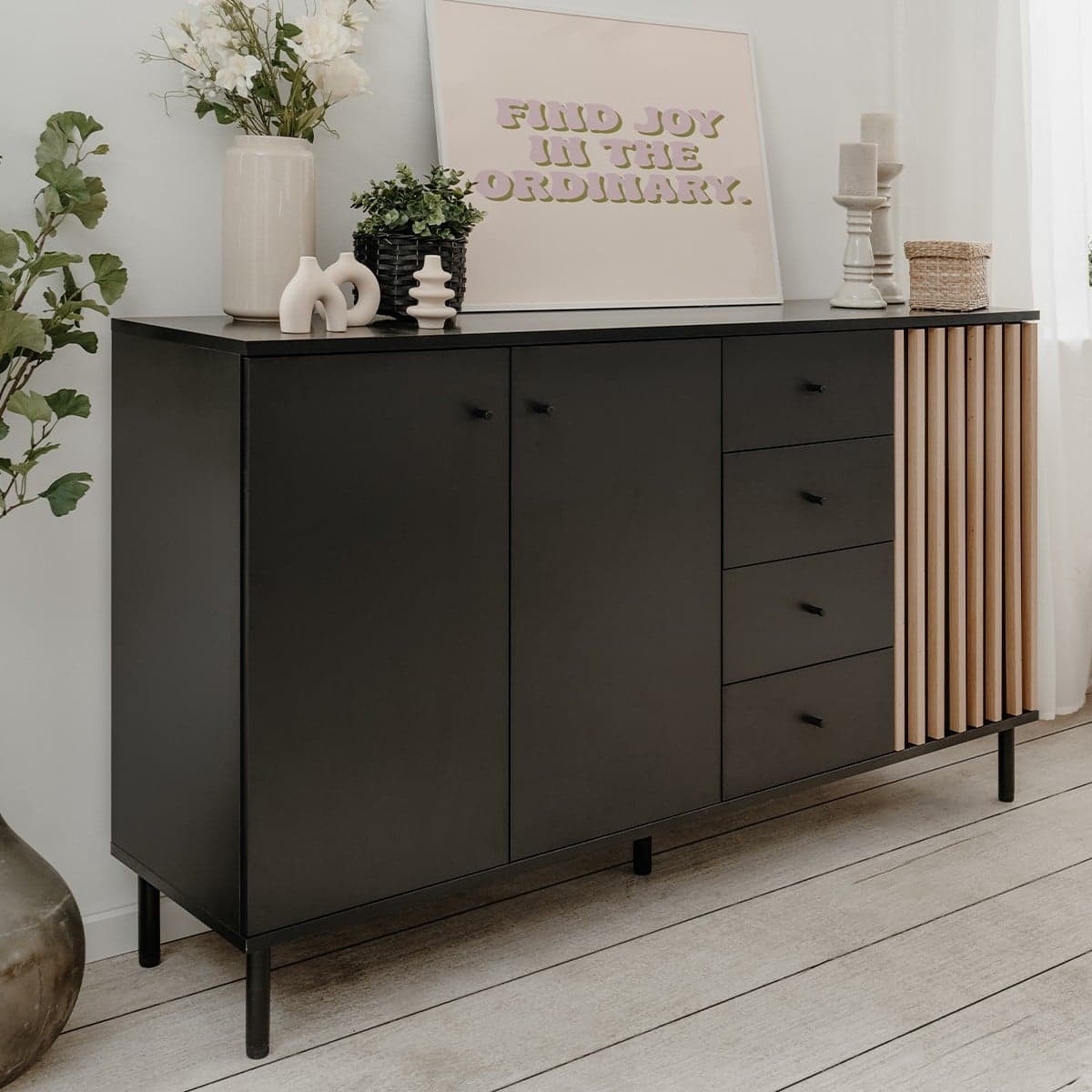 Buffet 3 portes et 4 Tiroirs Noir et Bois L160 cm - MONZA - Calicosy