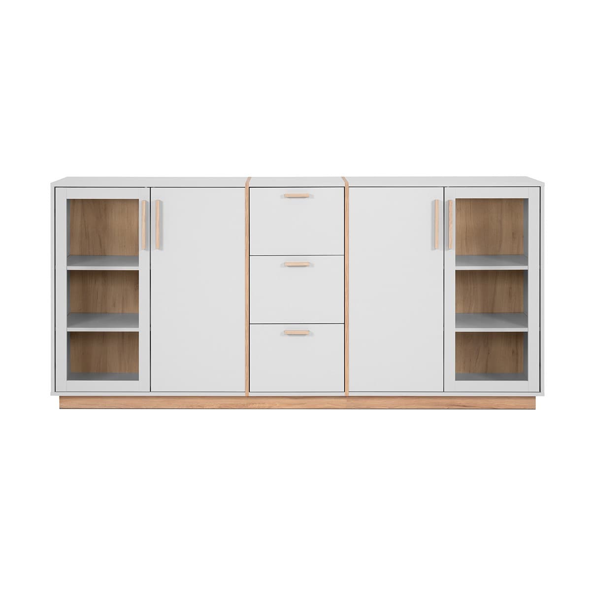 Buffet 4 portes et 3 Tiroirs Décor Blanc et Bois L204 cm - SPLIT - Panneaux de particules - Calicosy
