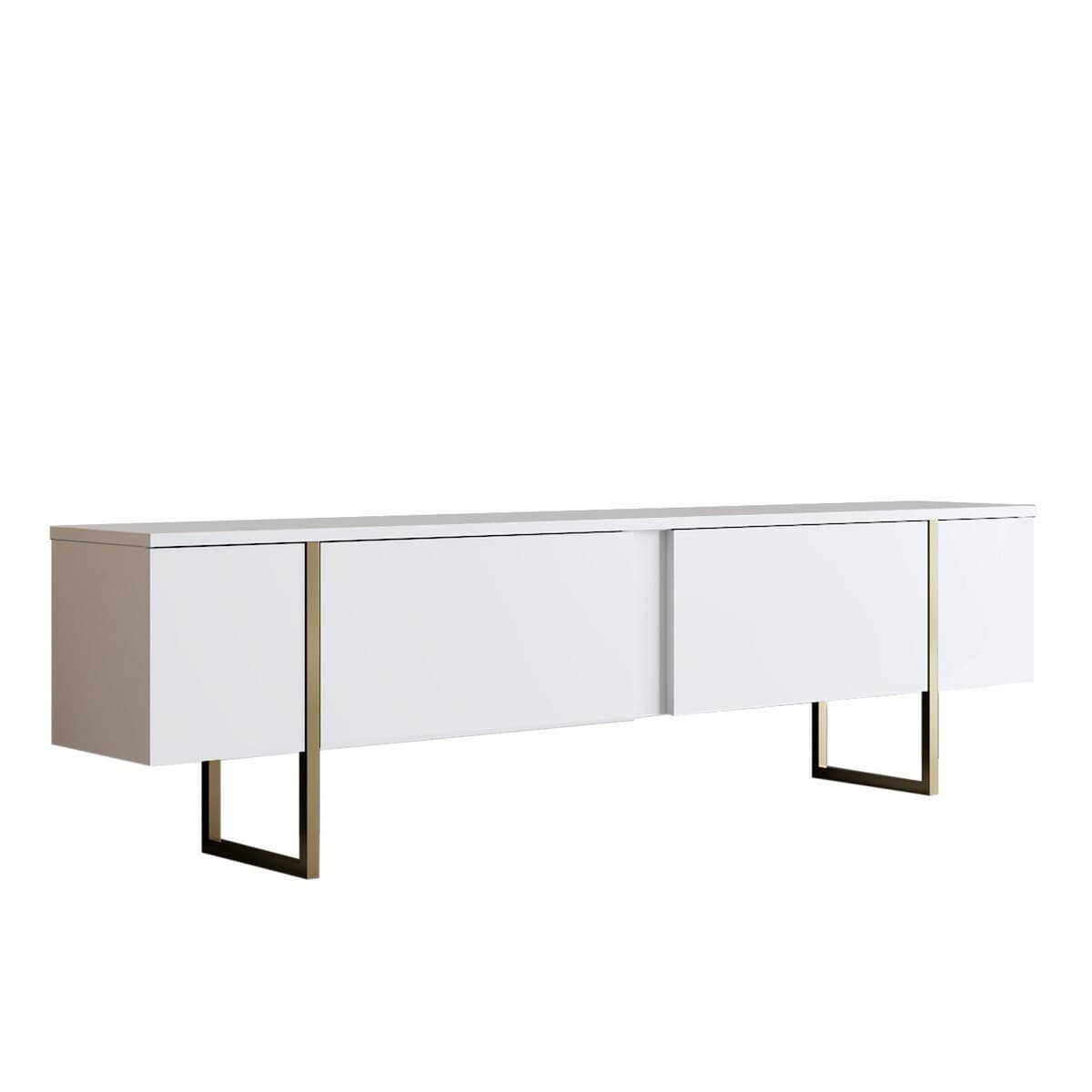 Meuble TV 2 portes rabattables L180 cm - LUXE - Couleur : Blanc/ Or - Panneaux de particules - Calicosy
