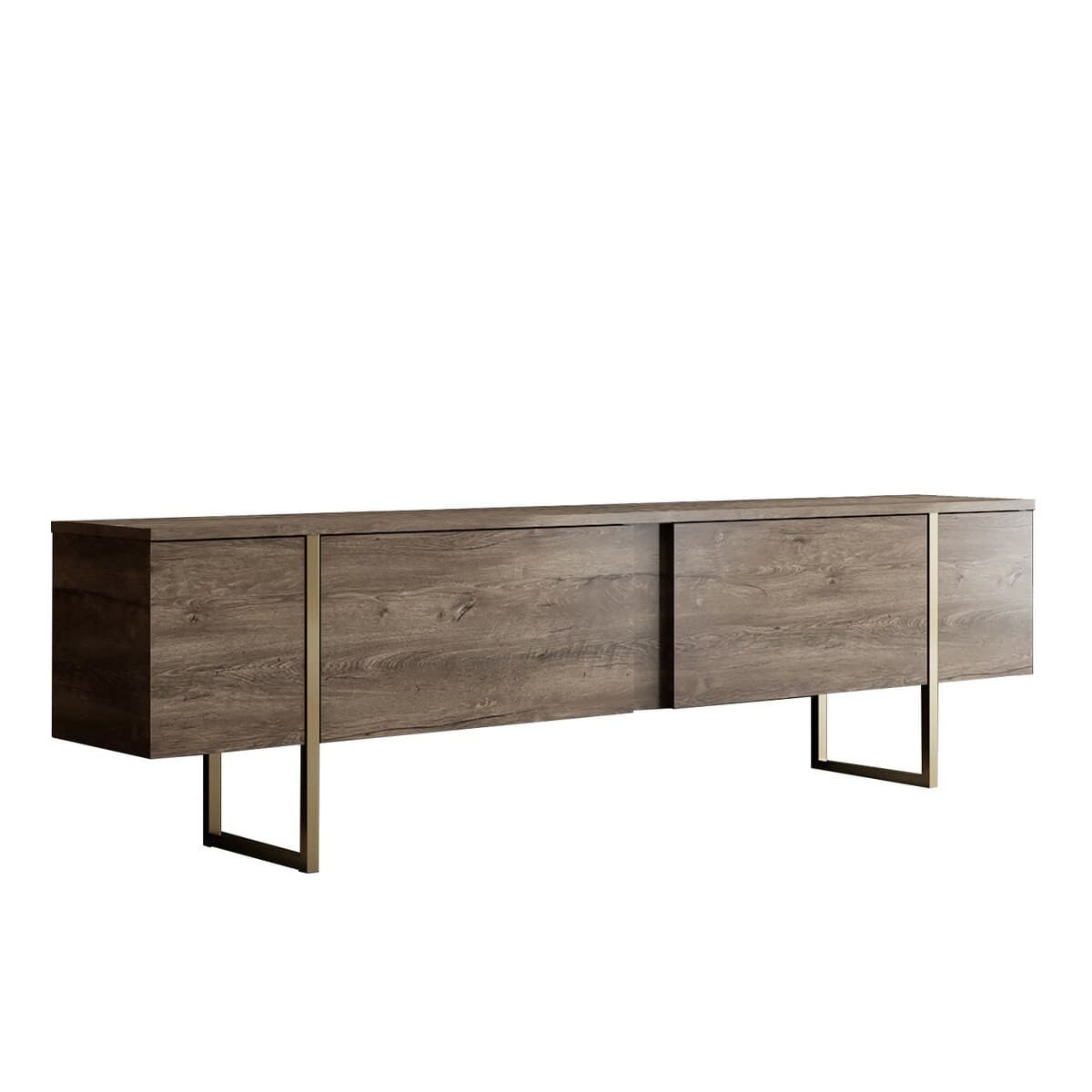 Meuble TV 2 portes rabattables L180 cm - LUXE - Couleur : Noyer/ Or - Panneaux de particules - Calicosy