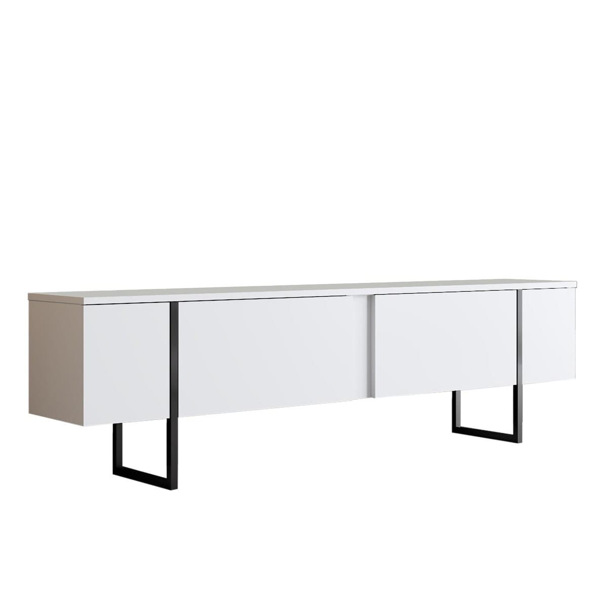 Meuble TV 2 portes rabattables L180 cm - LUXE - Couleur : Blanc/ Noir - Panneaux de particules - Calicosy