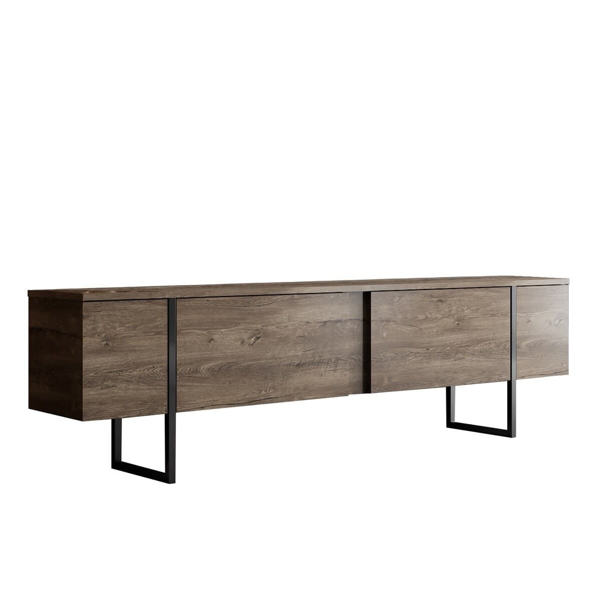 Meuble TV 2 portes rabattables L180 cm - LUXE - Couleur : Noyer/ Noir - Panneaux de particules - Calicosy
