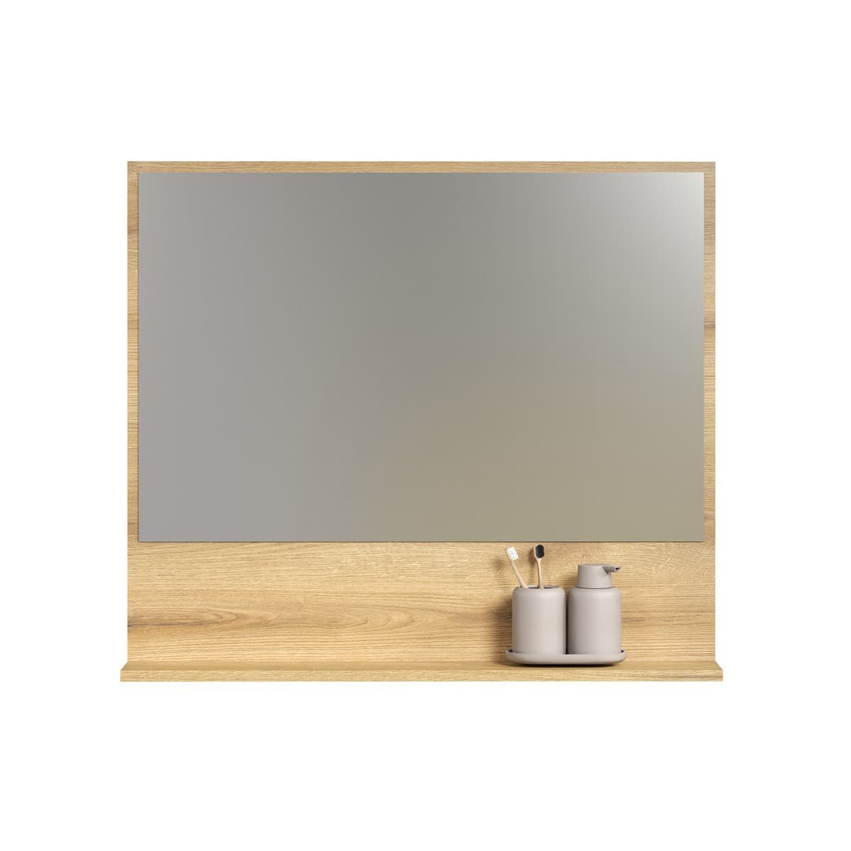 Miroir mural avec 1 tablette L80 cm - PUREBLISS - Couleur : Chêne blond - Panneaux de particules - Calicosy