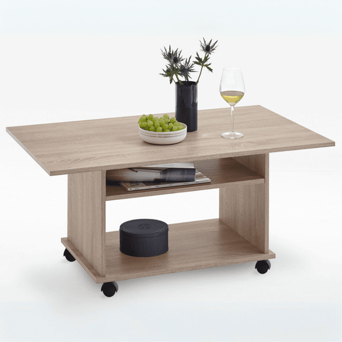 Table Basse sur Roulettes avec 2 Étagères - Azur - Couleur : Chêne clair - Panneaux de particules - Calicosy