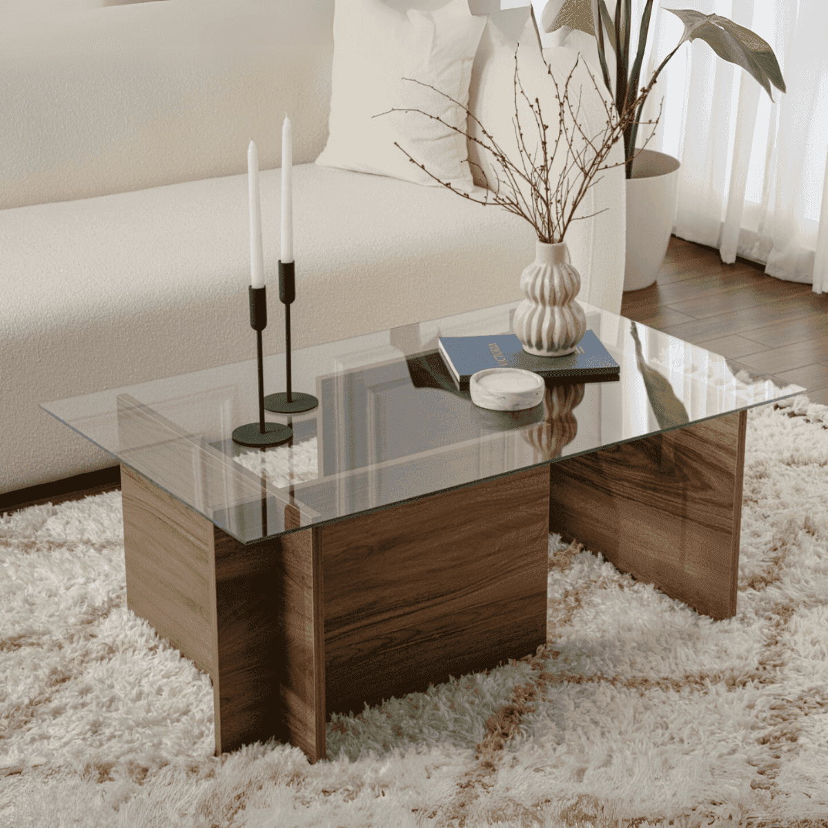 Table basse avec plateau en verre L105 cm - NOAH - Calicosy