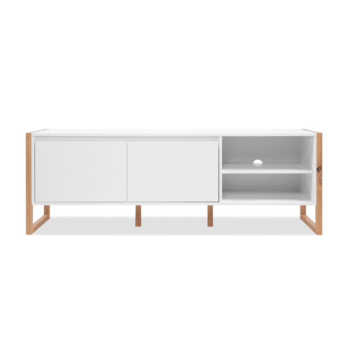 Meuble TV 2 portes et 2 niches L160 cm - DENVER - Couleur : Blanc/chêne - Panneaux de particules - Calicosy
