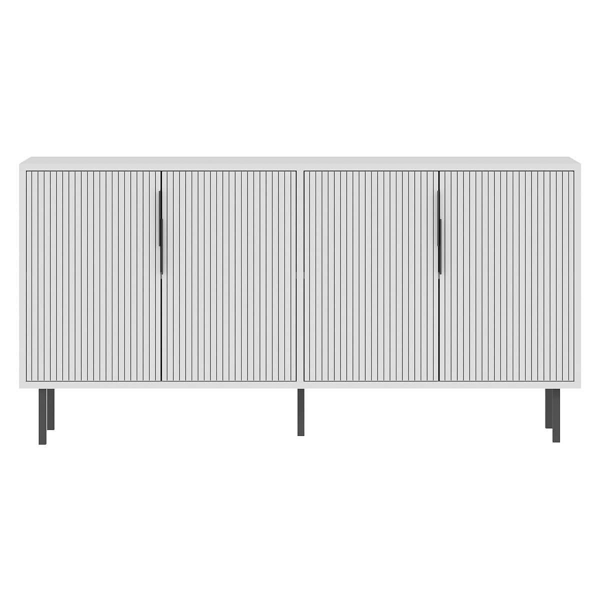 Buffet 4 portes striées L150 cm - CLARA - Couleur : Blanc - Panneaux de particules - Calicosy