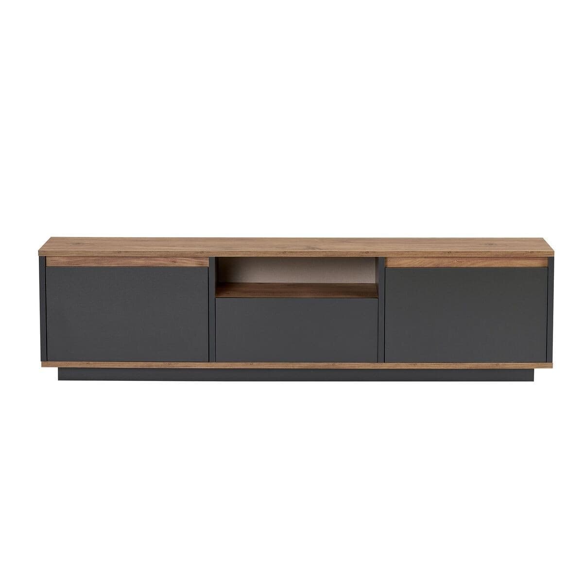 Meuble TV 3 abattants 1 niche L160 cm - LUME - Couleur : Gris anthracite/ Pin atlantique - Panneaux de particules - Calicosy