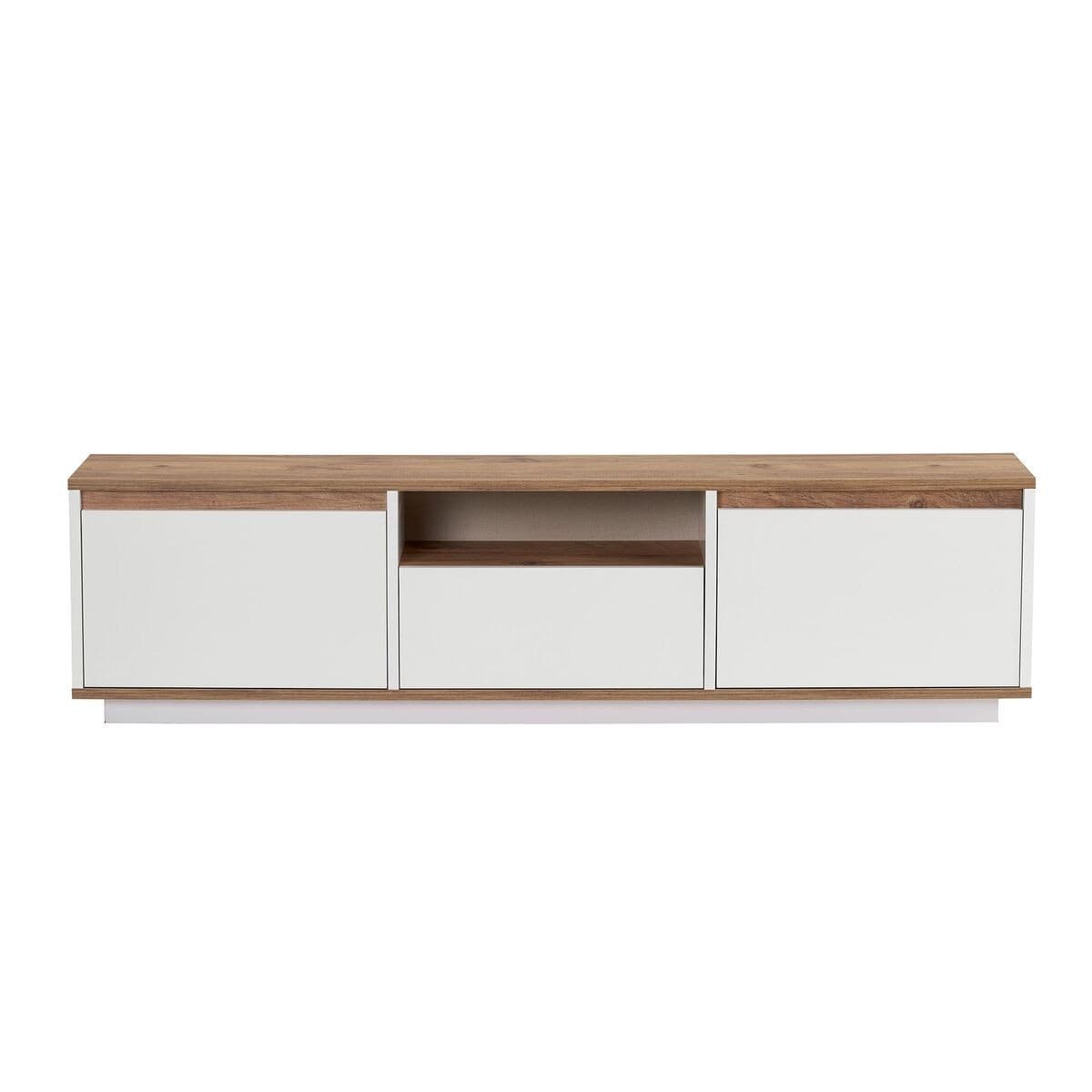 Meuble TV 3 abattants 1 niche L160 cm - LUME - Couleur : Blanc/ Pin atlantique - Panneaux de particules - Calicosy