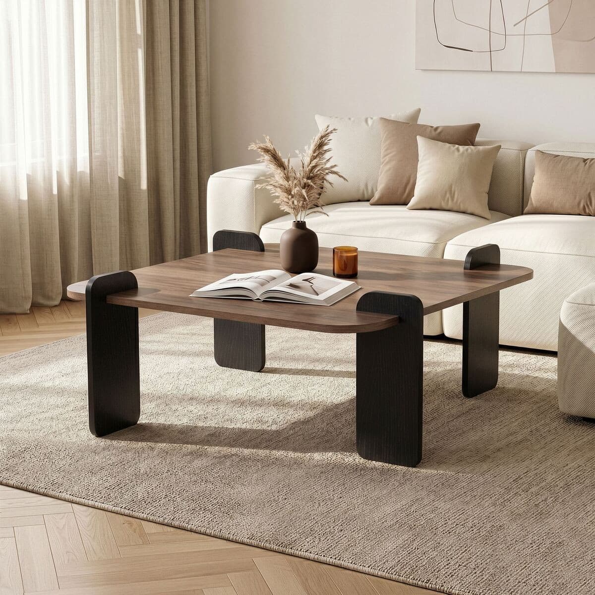 Table basse carré L90 cm - ORME - Couleur : Noyer / Noir - Panneaux de particules - Calicosy