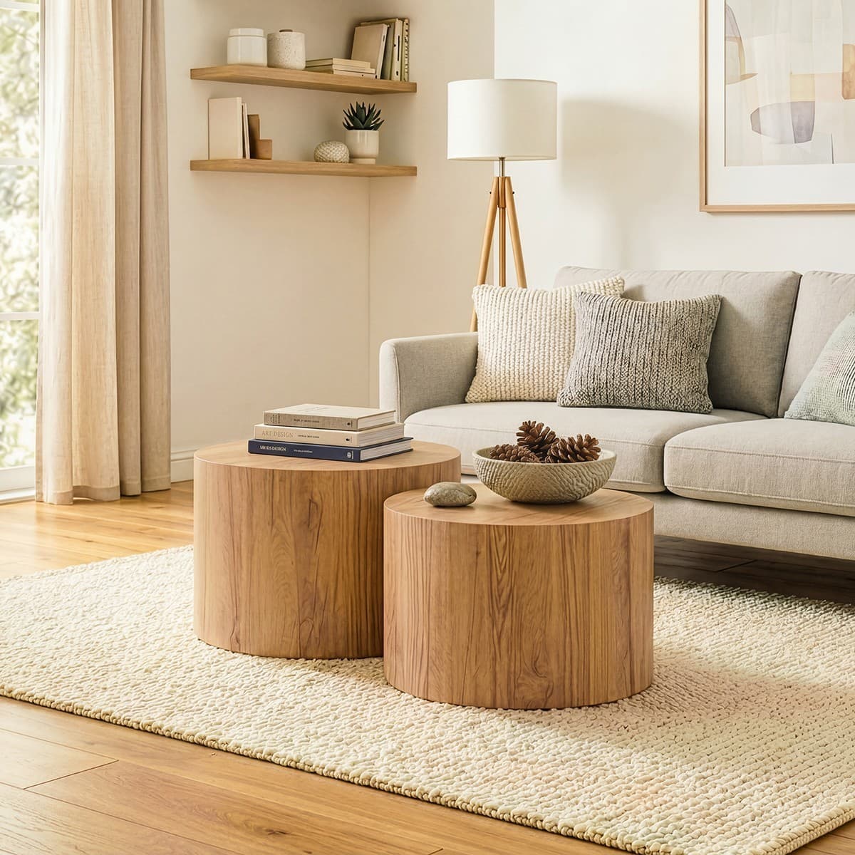 Lot de 2 tables basses rondes empilables - MAIA - Couleur : Bois clair - Panneaux de particules - Calicosy