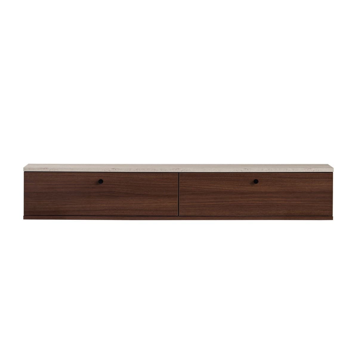Meuble TV suspendu 2 abattants L160 cm - ROY - Couleur : Travertin/ Noyer - Panneaux de particules - Calicosy