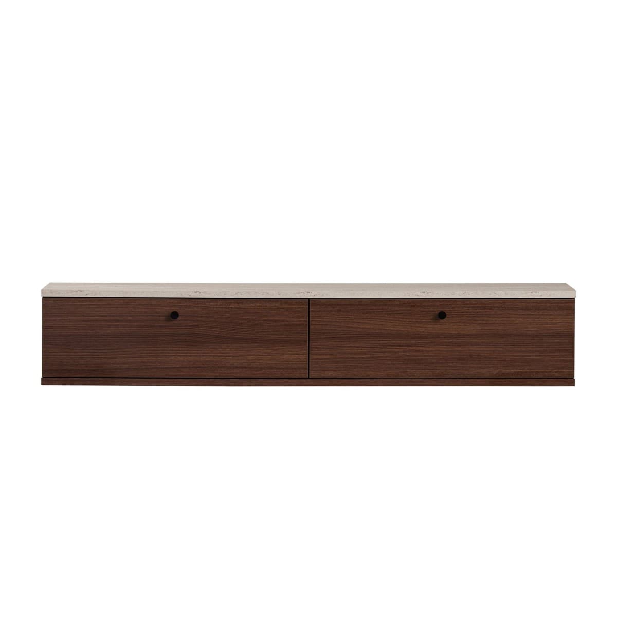 Meuble TV suspendu 2 abattants L140 cm - ROY - Couleur : Travertin/ Noyer - Panneaux de particules - Calicosy