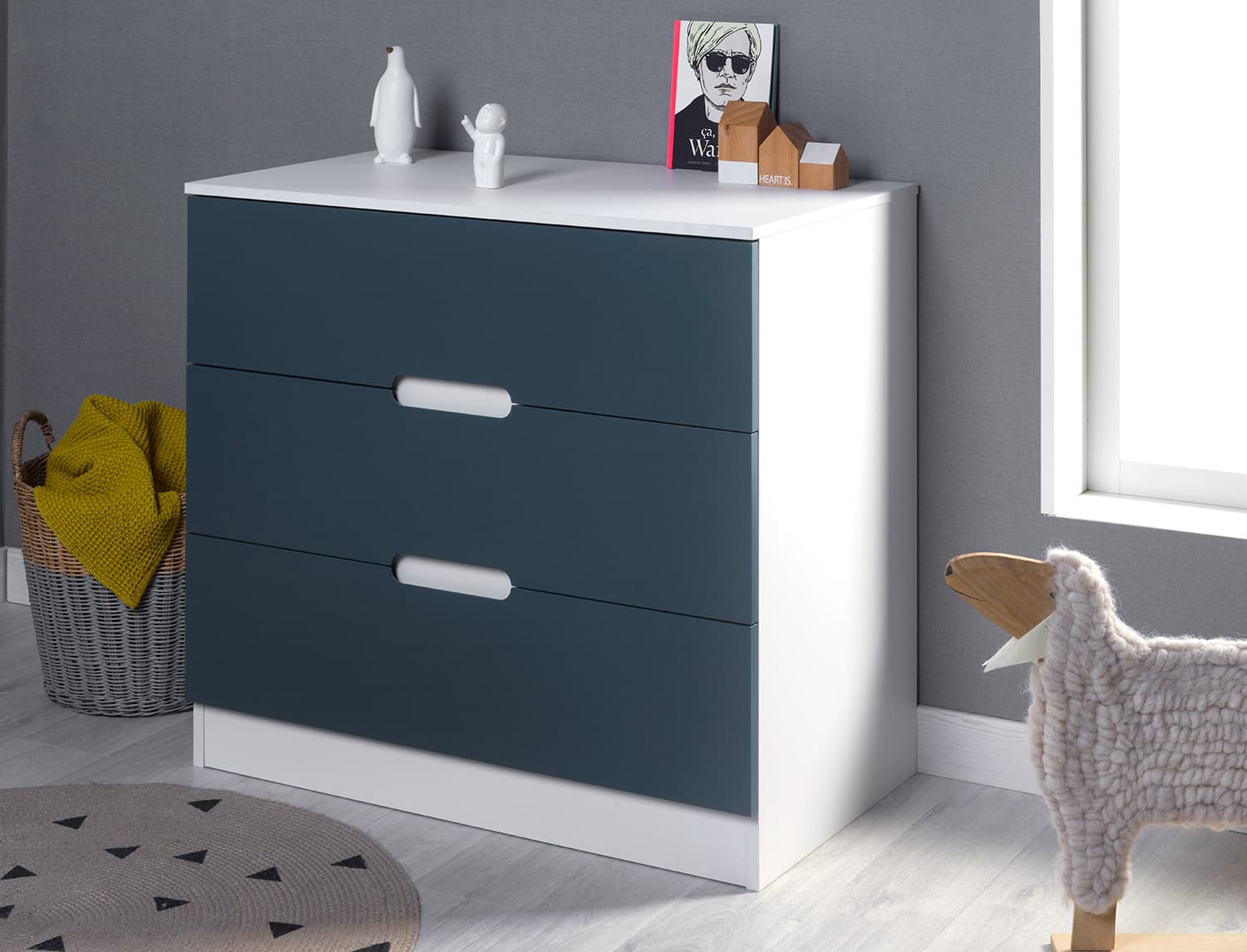 Commode 3 tiroirs Blanc & Bleu Nuit Opus