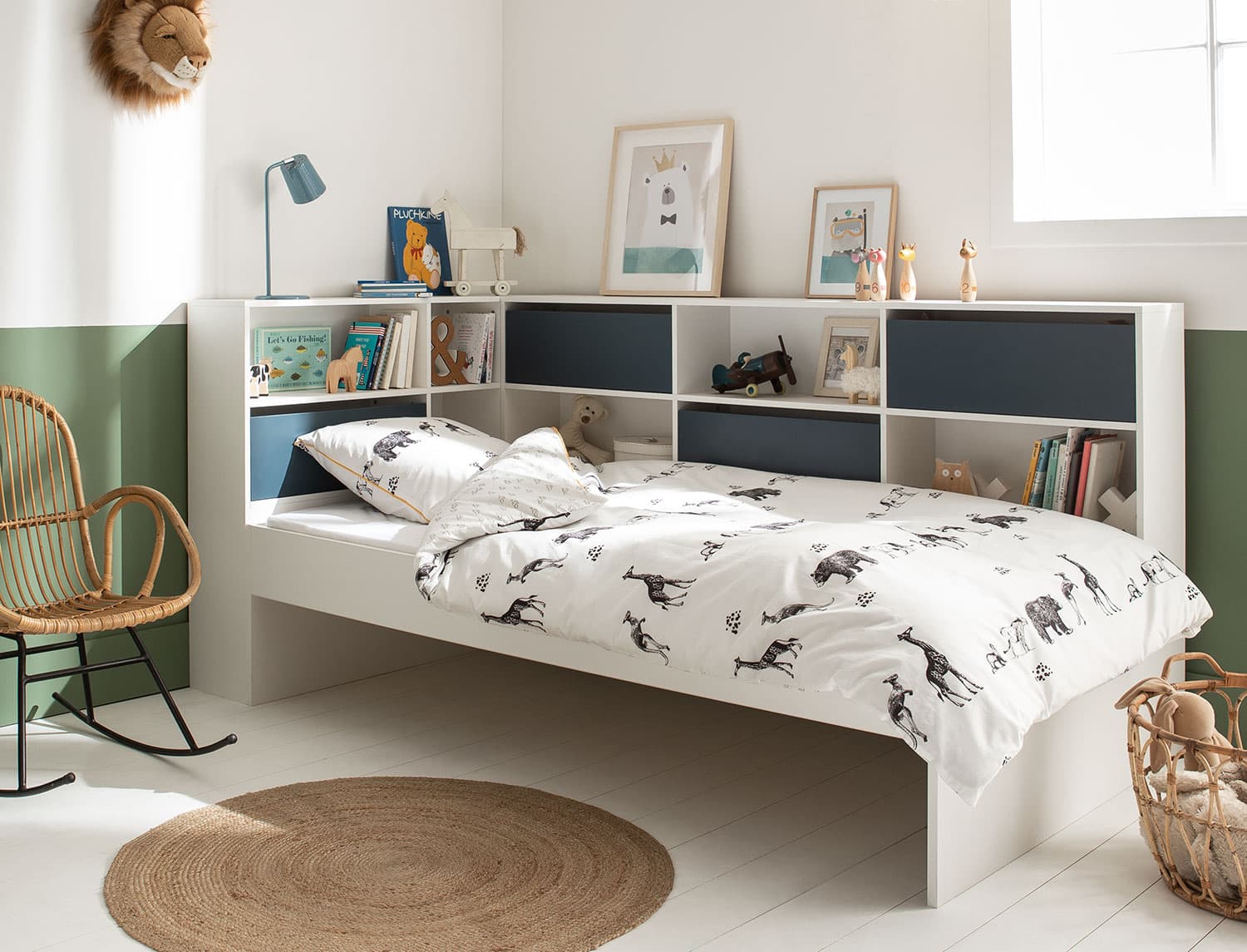 Lit avec rangements 90x190 Blanc & Bleu nuit Opus