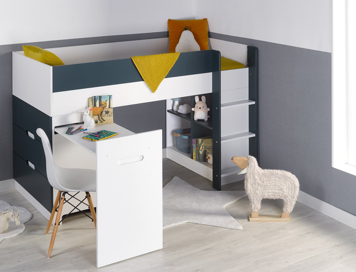 Lit mi-hauteur avec bureau & commode 90x190 Blanc & Bleu Nuit Opus