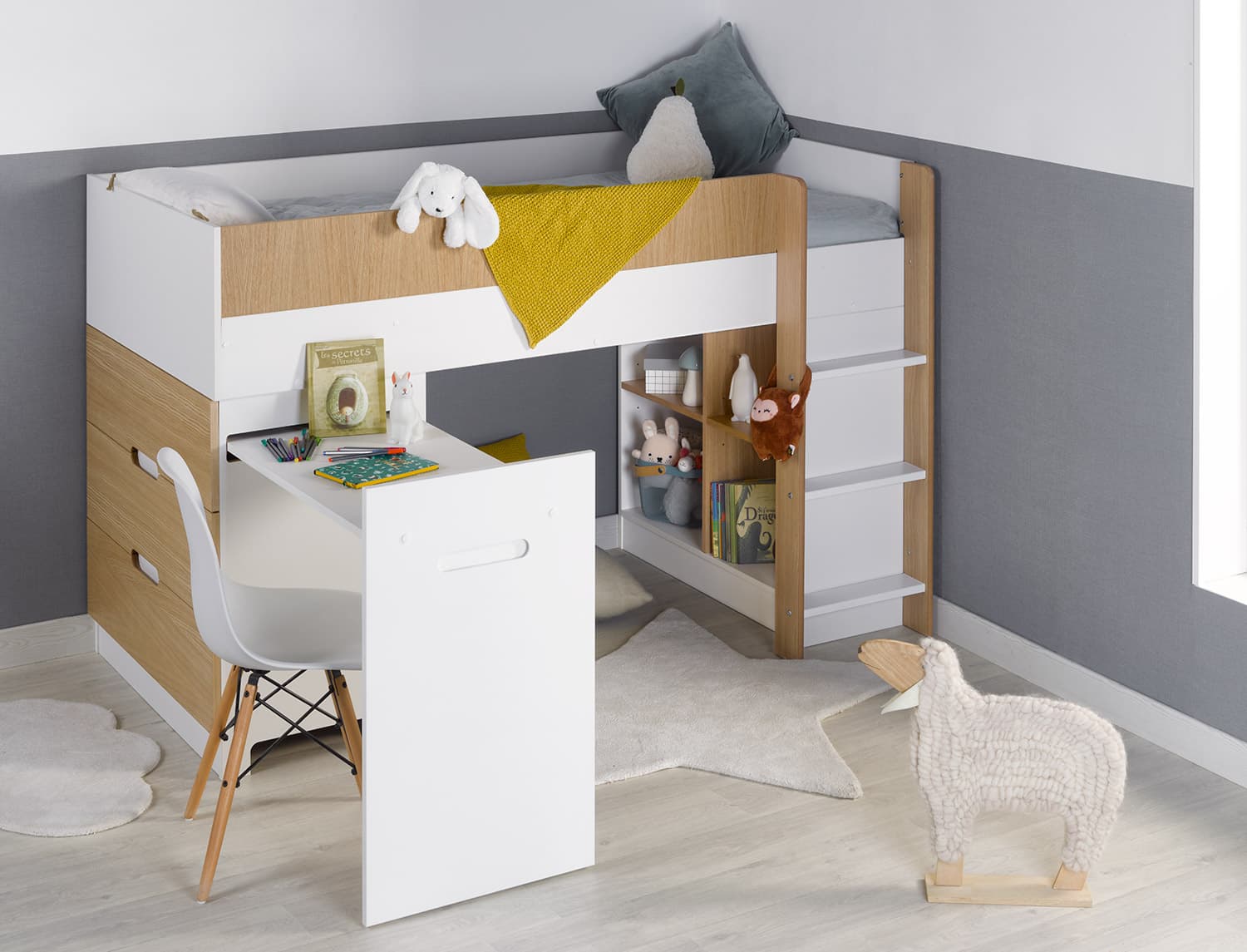 Lit mi-hauteur avec bureau & commode 90x190 Blanc & Bois Opus