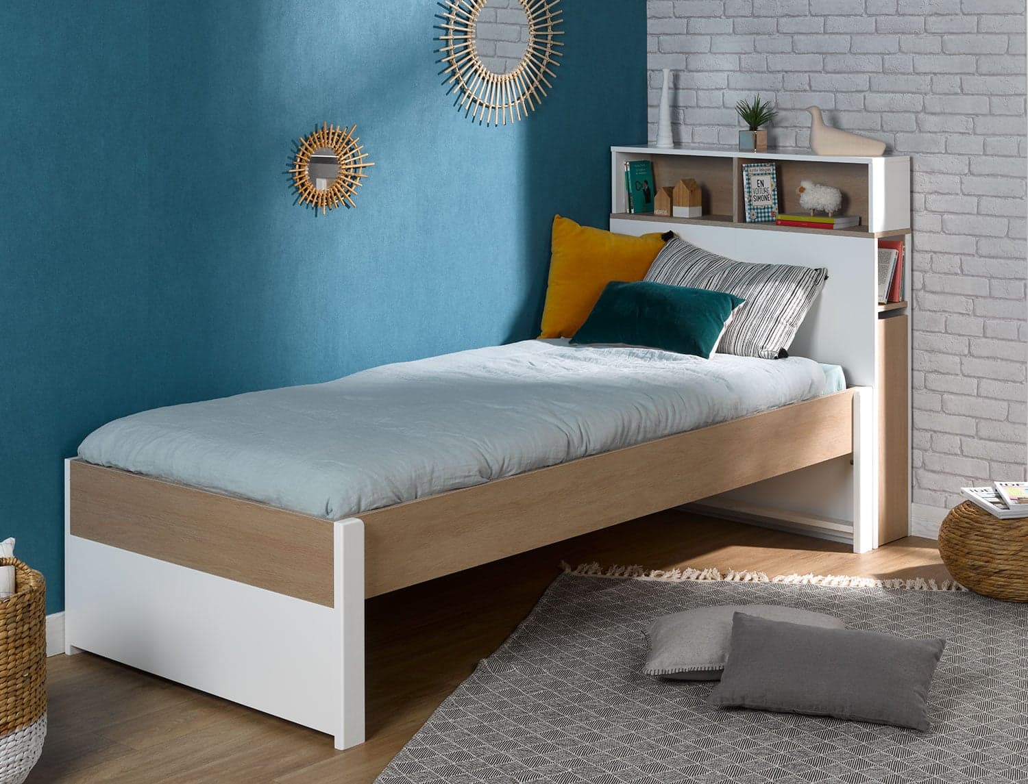 Lit 90x200 + Tête de lit & rehausse Nomade