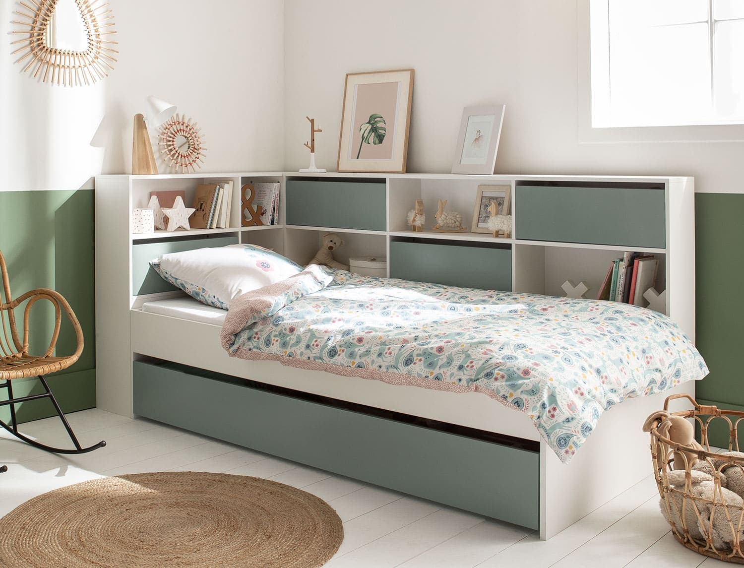 Lit gigogne avec rangements 90x190 Blanc & Vert Mousse Opus