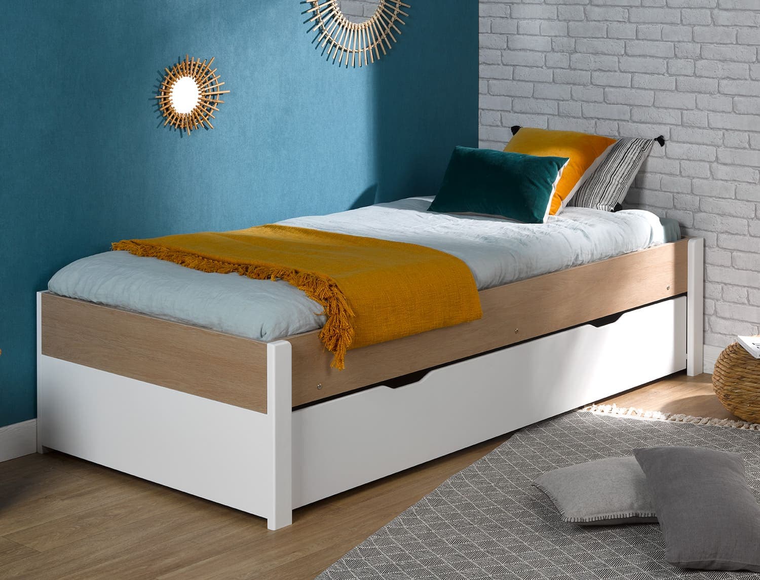 Lit gigogne 90x200 Blanc & Bois Nomade