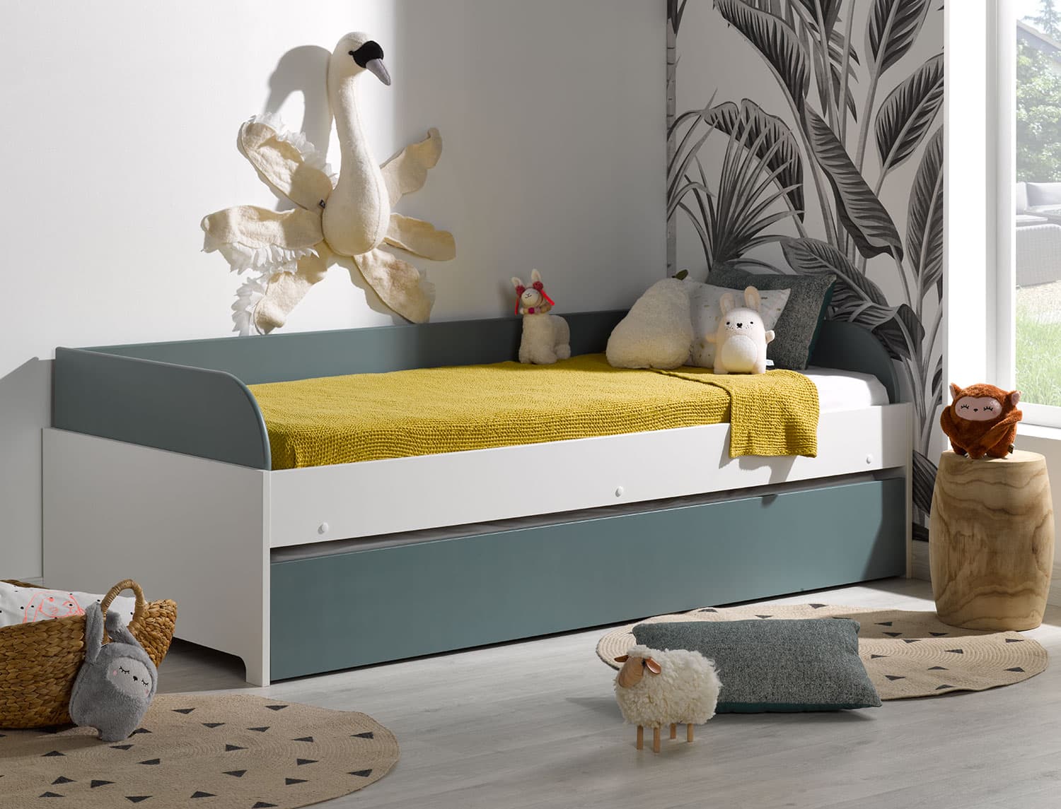 Lit banquette gigogne 90x190 Blanc & Vert Mousse Opus