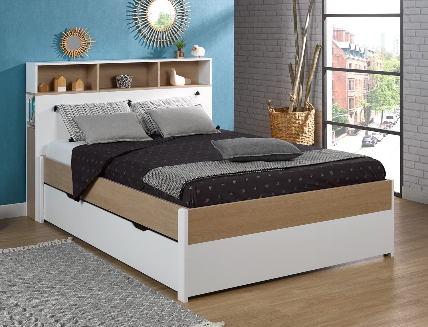 Lit avec tête de lit 140x200 Blanc & Bois Nomade + 2 tiroirs