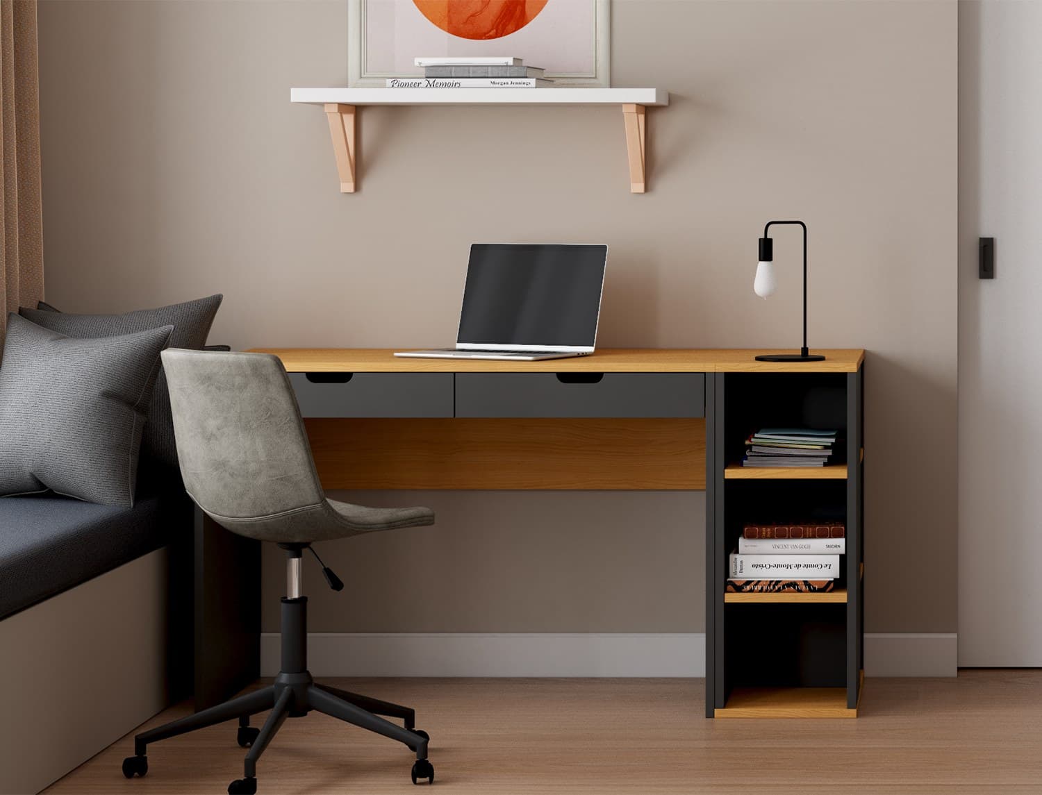Bureau avec caisson Anthracite & Bois Milor