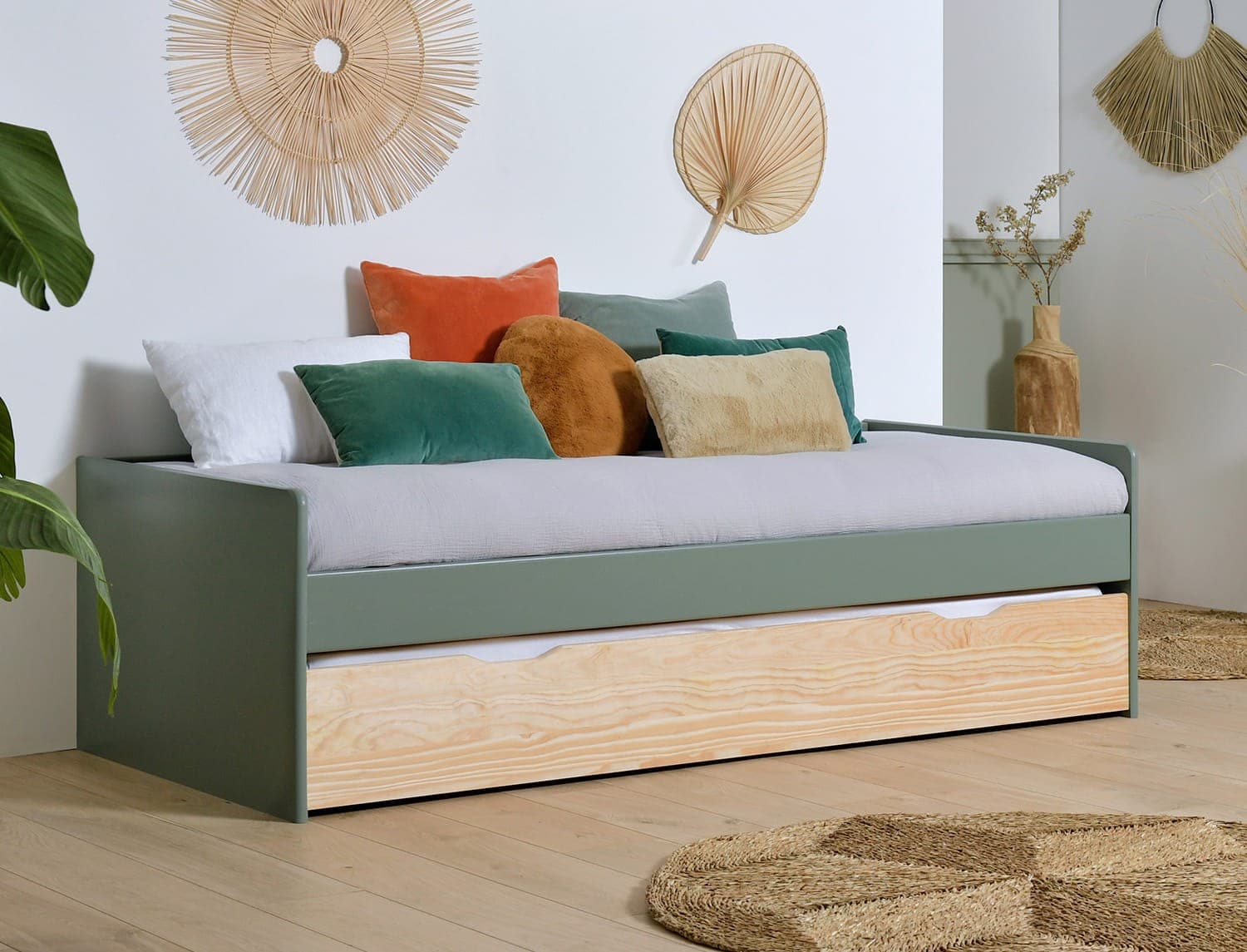 Lit banquette gigogne 90x190 Kaki & Pin massif Landes
