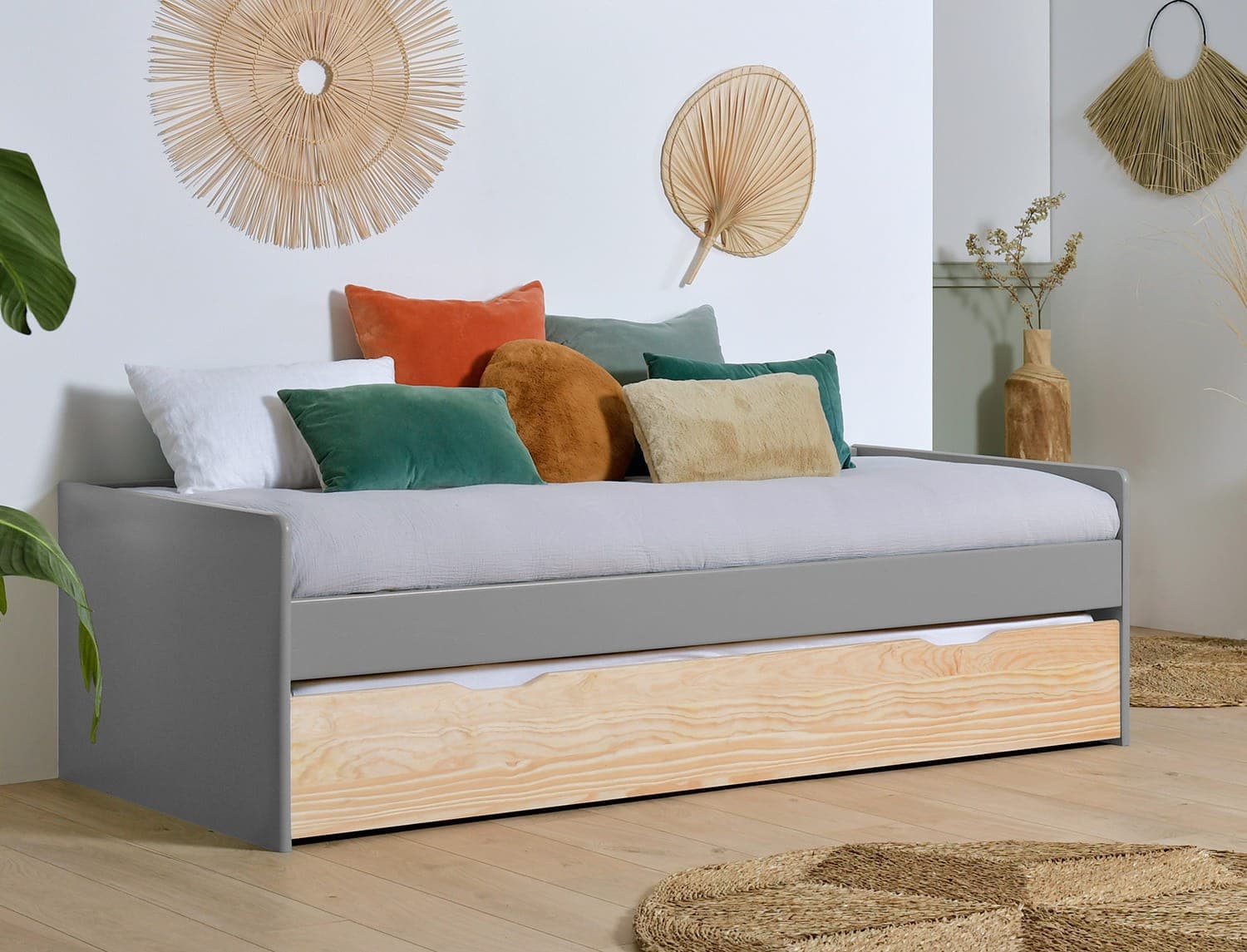 Lit banquette gigogne 90x190 Gris Flanelle & Pin massif Landes